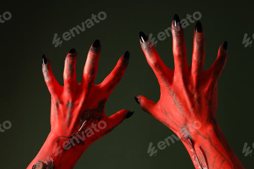 Preview: Red female hands with black nails on green background