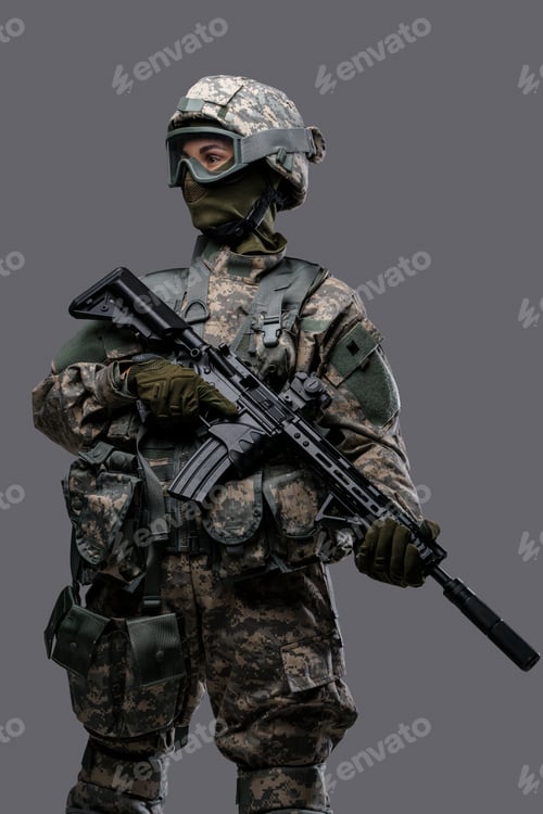 Preview: Soldier woman with rifle dressed in modern protective uniform
