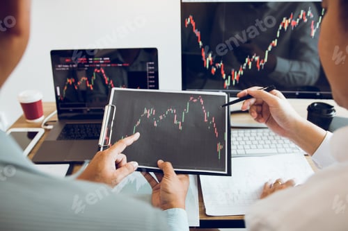 Preview: business stock brokers stress and looking at monitors displaying financial stock graph