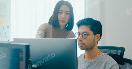 Preview: Group Adult Asia male, female freelance meeting write prompt AI bot IT app smart program nomad.