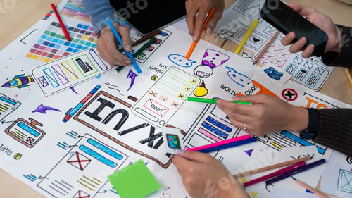 Preview: Team of ux developer and ui designer brainstorming interface wireframe design. Creative digital