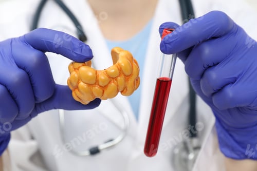 Preview: Endocrinologist showing thyroid gland model and blood sample in test tube, closeup