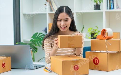 Preview: Starting Small business entrepreneur SME freelance,Portrait young woman working at home office, BOX,