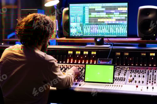 Preview: Skilled sound designer recording tunes next to tablet with greenscreen