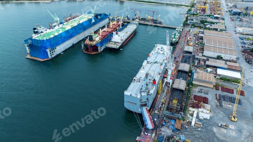 Preview: cargo container ship at dry dock concept maintenance service working in the sea. Insurance