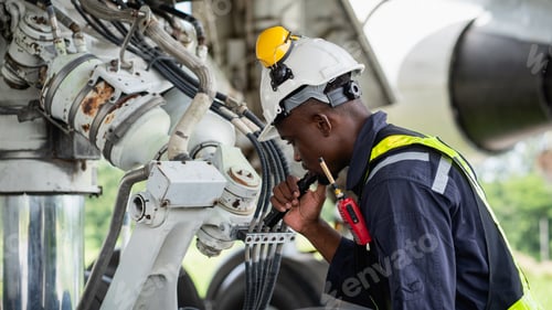 Preview: Aircraft maintenance engineer inspecting engine with safety gear and tools.