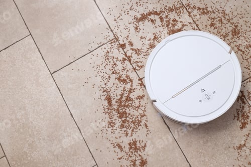 Preview: Cordless vacuum cleaner and buckwheat on beige background, space for text