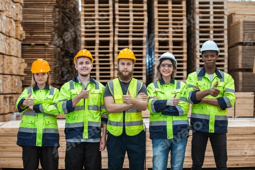 Preview: Team engineering worker technician, workshop manufacturing wooden,