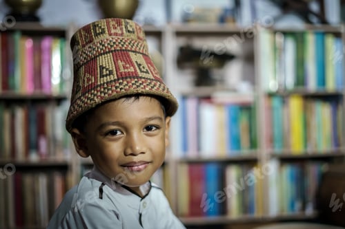 Preview: Smiling Asian boy wearing traditional skullcap of Aceh, Indonesia