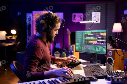 Preview: Sound engineer editing soundtracks and adjusting volume levels with daw software