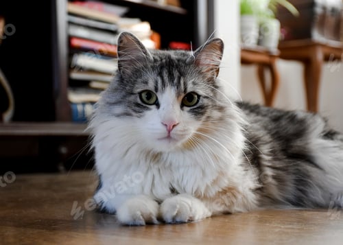 Preview: Pet portrait of a beautiful long haired domestic cat looking at camera.