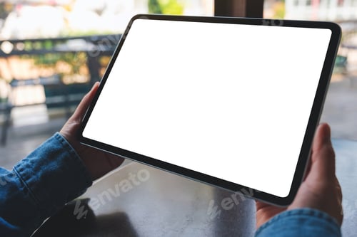 Preview: Mockup image of a woman holding digital tablet with blank white desktop screen