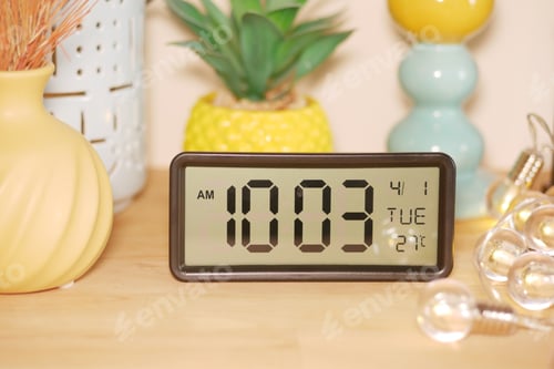 Preview: Digital clock displaying time and date on a wooden table