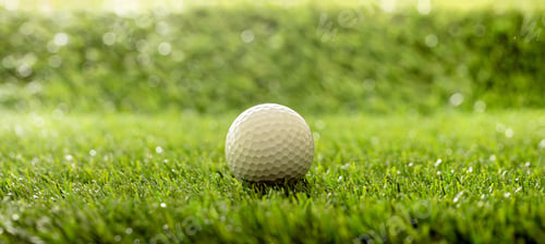 Preview: Golfball on green grass golf course, close up view.