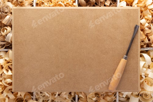 Preview: Сhisel or joiner tool and wood shavings. Woodworking tools