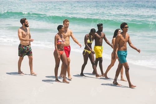 Preview: Side view of happy multi-ethnic group of friends walking on beach on a sunny day, They are smiling