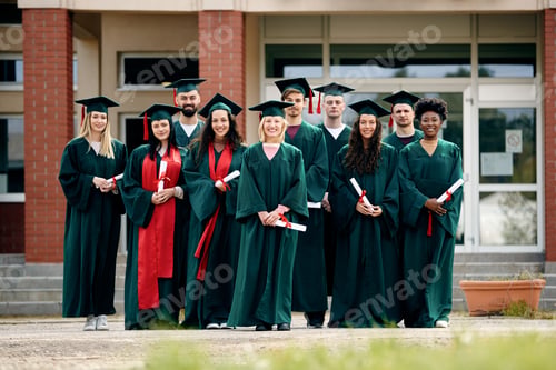 Preview: Large group of happy university students on their graduation day looking at camera.