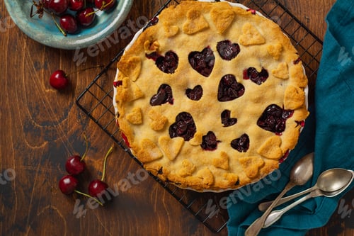 Preview: Tasty homemade cherry pie with hearts on wooden background. Valentines Day baked goods. Top view