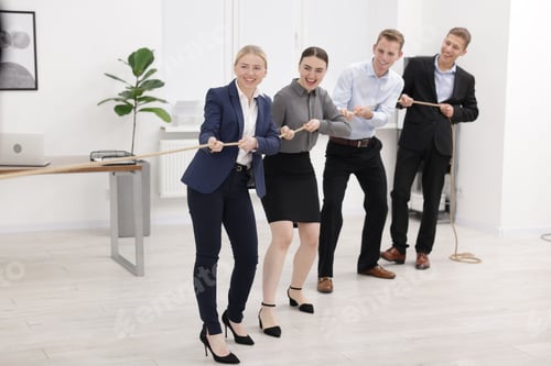 Preview: Competition concept. Group of happy businesspeople pulling rope in office