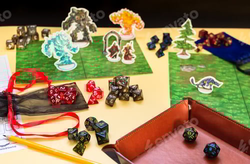 Preview: Role-playing game with sets of dices, character sheet, gaming mats, playing pieces and dice tray