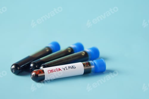 Preview: close up of delta corona virus blood test tube on blue background