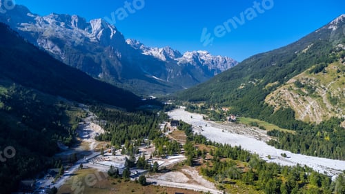 Preview: Aerial view of Valbona valley and dry river in summer, Theth national park, Albanian Alps, Albania.