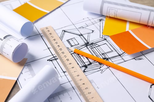 Preview: House design concept, top view, flat lay.
