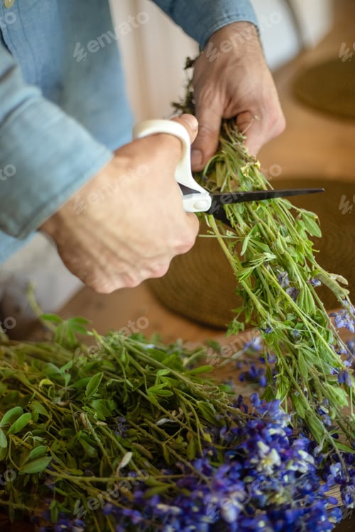 Preview: Person using various hand tools to trim blue bonnets