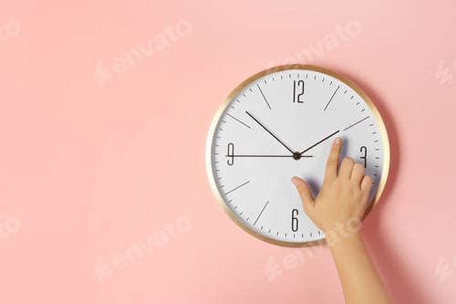 Preview: Woman touching clock on color wall, space for text. Time management