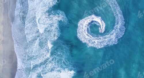 Preview: Scooter on the water surface from top view. Seascape background from top view.