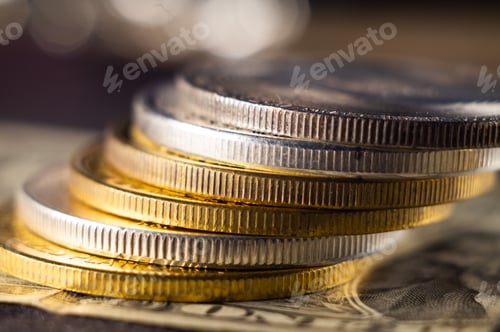 Preview: Concept of a cryptocurrency with golden and silver coins on a dollar banknote