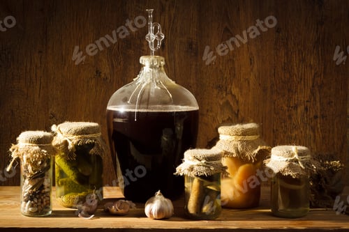 Preview: Homemade wine in larder with vegetables jars