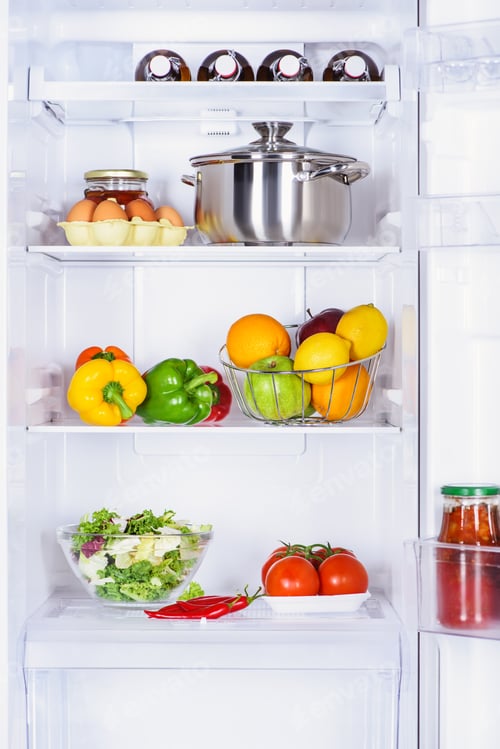 Preview: fruits, vegetables and pan with eggs in fridge
