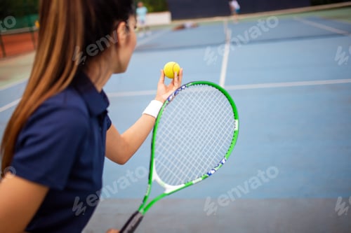 Preview: Portrait of happy fit young woman playing tennis. People sport healthy lifestyle concept