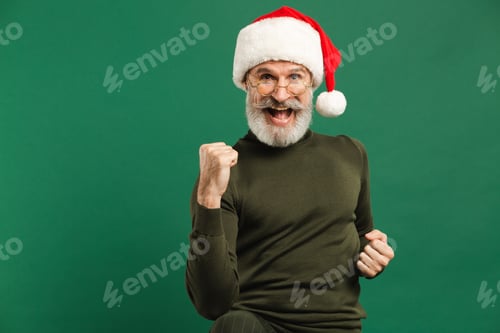 Preview: Happy bearded modern Santa Claus shows a fist of joy on a green background
