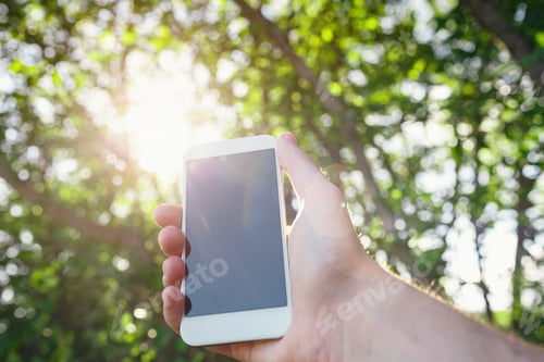Preview: male hand hold white smart phone over blurred image of green forest background