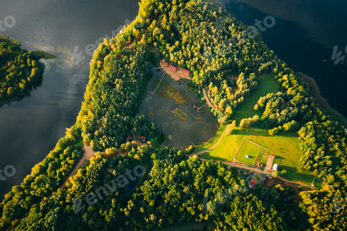 Preview: Novoe Lyadno, Lepel Lake, Beloozerny District, Vitebsk Region. Aerial View Of Island Pension Lode In