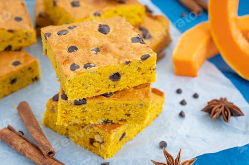 Preview: Pumpkin blondie or cake with chocolate drops, walnuts, cinnamon and anise. Dessert for Thanksgiving