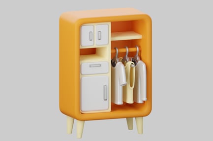 Preview: Orange cabinet with drawers and shelves.