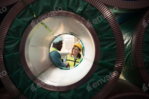 Preview: A team of young men and woman working in a warehouse storing rolls of metal sheets