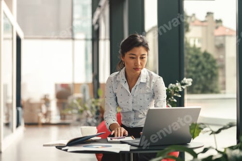 Preview: Female entrepreneur working on laptop while sitting the desk in modern coworking. High quality photo