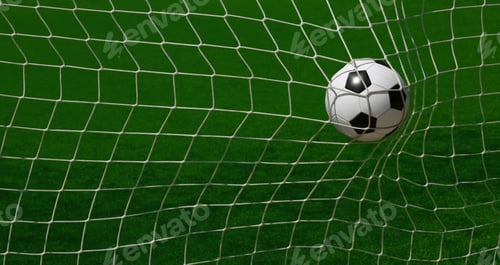 Preview: Football ball scoring in goal net over green pitch