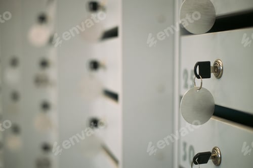 Preview: Closeup of Security Lockers with Keys Hanging in Modern Business Environment