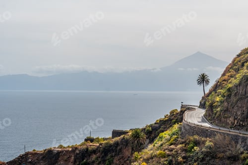 Preview: Coastal road in the village of Agulo in the north of La Gomera with a palm tree and Tenerife
