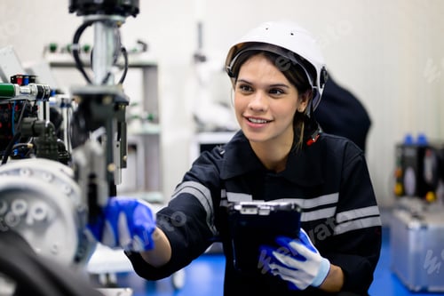 Preview: Smiling portrait of female technician checking and repairing automatic machine