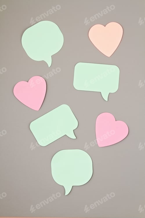 Preview: Mockup with sticker notes in forms of speech bubbles and hearts with copy space