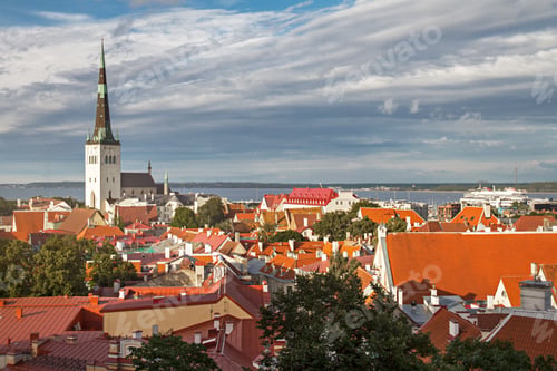Preview: View of Tallinn Old Town, Baltic Sea and St. Olaf in a summer day, Estonia