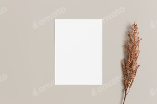Preview: Invitation white card mockup with dry flower. 5x7 ratio, similar to A6, A5.