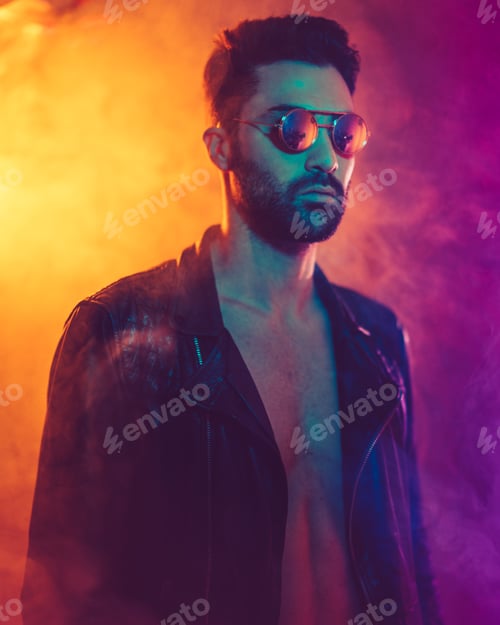 Preview: Cinematic portrait of Handsome man with sunglasses, smoke, leather jacket and color lights