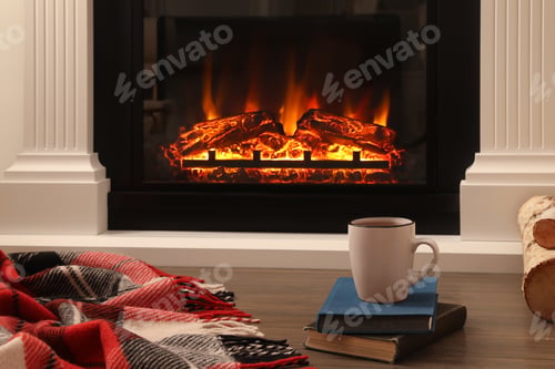 Preview: Cup of hot tea and books on floor near fireplace. Cozy atmosphere
